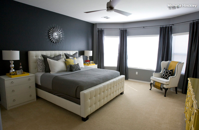 master bedroom in shades of grey paint